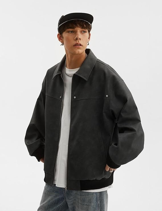 Men's Teen Faux Leather Zip Up Bomber Jacket 90S Vintage Biker Racing Moto Jackets Streetwear Coats