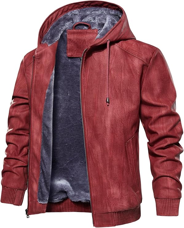 FANARCHER Men’s Faux Leather Jacket Fleece Padded Bomber Motorcycle Jacket with Hood