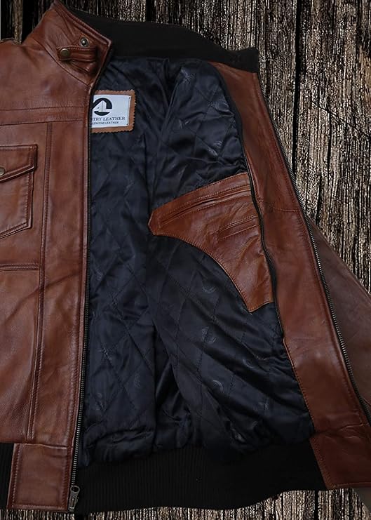 Mens Genuine Black Hooded Bomber Leather Jacket | Real Lambskin Waxed Brown Leather Jackets for Men with Removable Hood