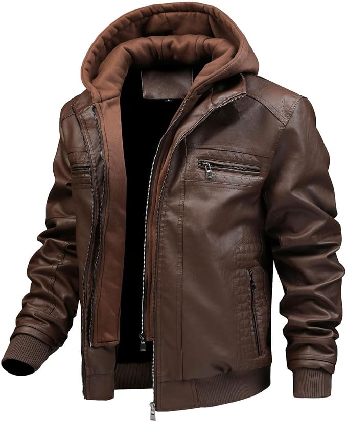 FTIMILD Men's Leather Jacket Motorcycle Jacket Windproof PU Vintage Bomber Jacket with Removable Hood