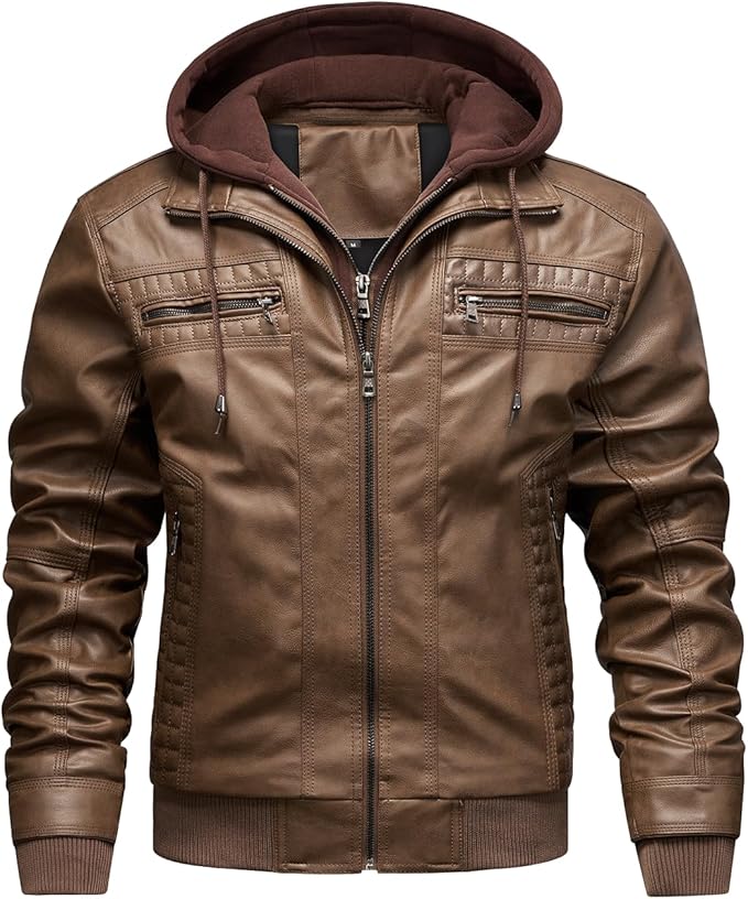 FTIMILD Men's Leather Jacket Motorcycle Jacket Windproof PU Vintage Bomber Jacket with Removable Hood