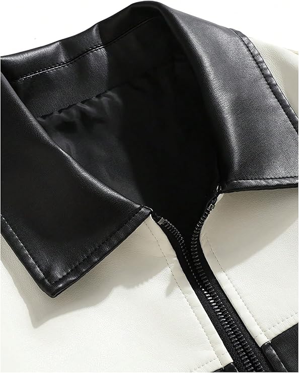 Men's Y2k PU Leather Jacket Color Block Motorcycle Coat Zip Up Long Sleeve Outerwear with Pockets Streetwear