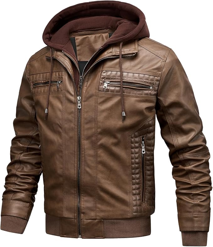 FTIMILD Men's Leather Jacket Motorcycle Jacket Windproof PU Vintage Bomber Jacket with Removable Hood