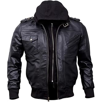 Mens Genuine Lambskin Leather Motorcycle Jacket with Removable Hood in Black Brown
