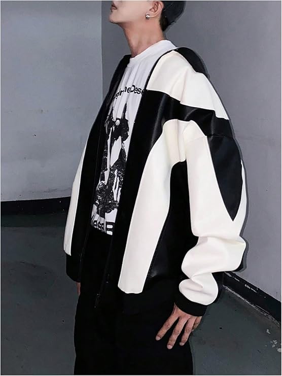 Men's Y2k PU Leather Jacket Color Block Motorcycle Coat Zip Up Long Sleeve Outerwear with Pockets Streetwear