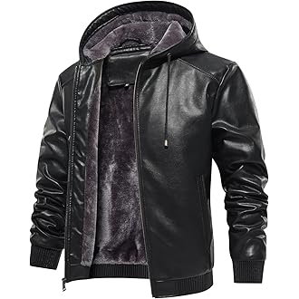 FANARCHER Men’s Faux Leather Jacket Fleece Padded Bomber Motorcycle Jacket with Hood