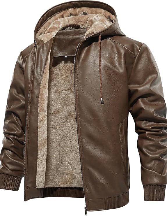 FANARCHER Men’s Faux Leather Jacket Fleece Padded Bomber Motorcycle Jacket with Hood