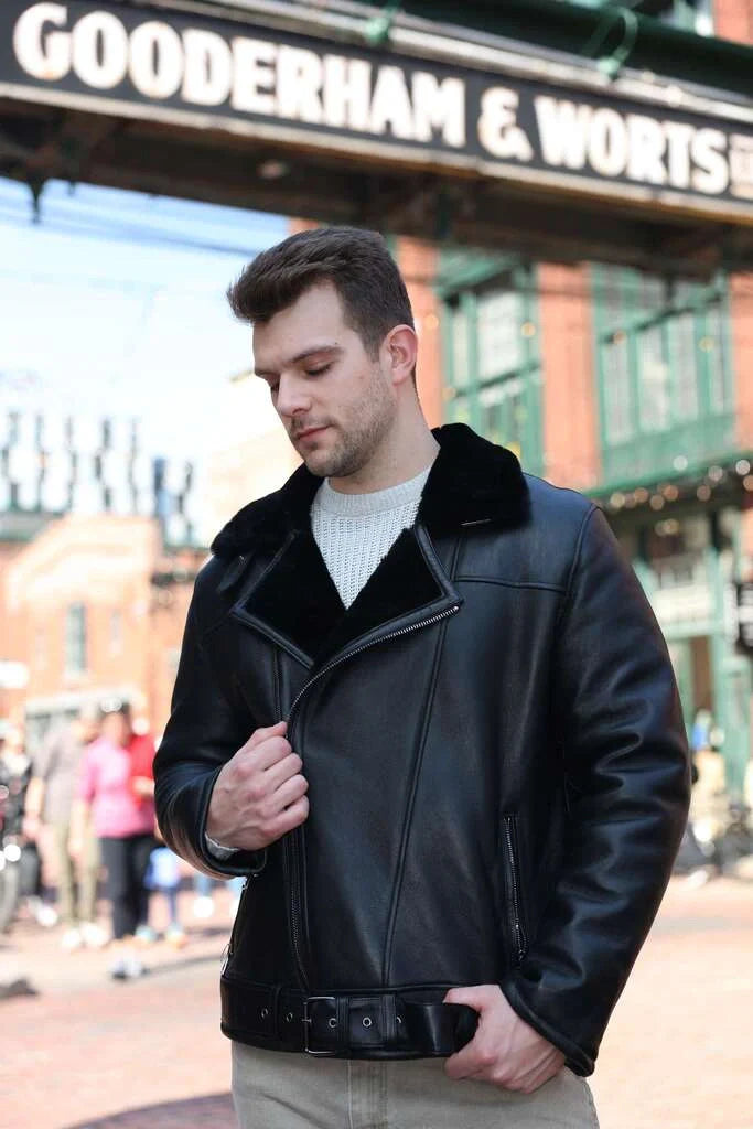 Black on Black Belted Shearling Leather Biker Jacket