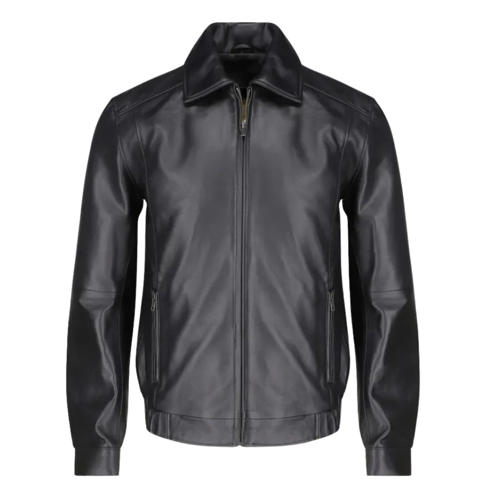 Bomber leather jacket with spread collars