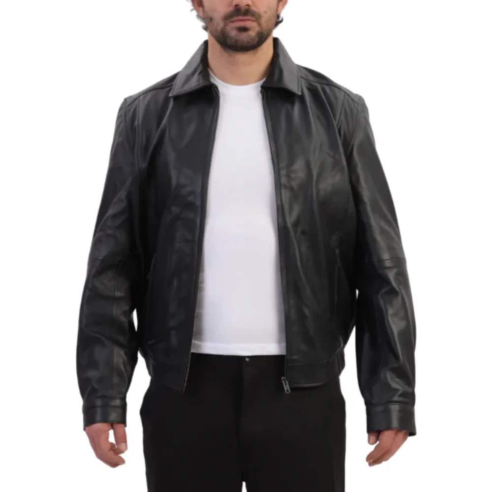 Bomber leather jacket with spread collars