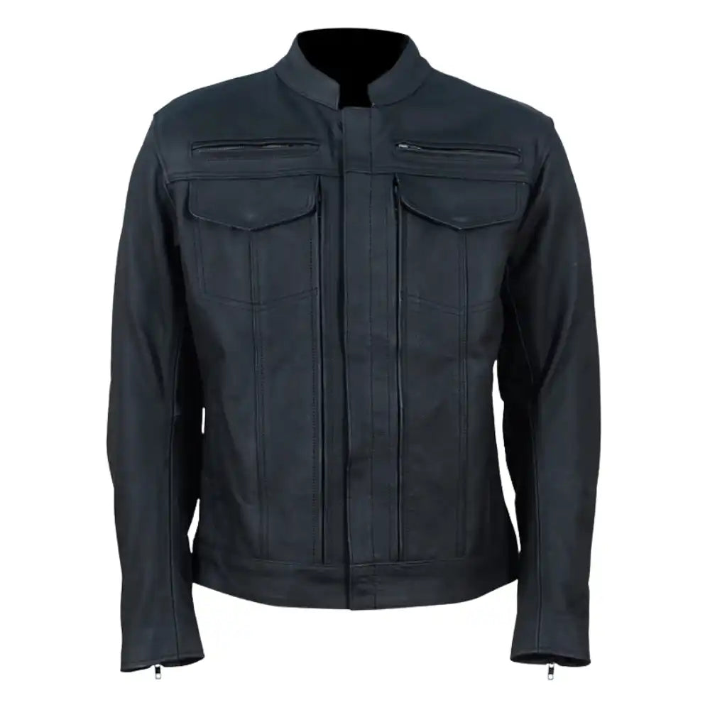 Storm Rider Matte Black Leather Trucker Motorcycle Jacket