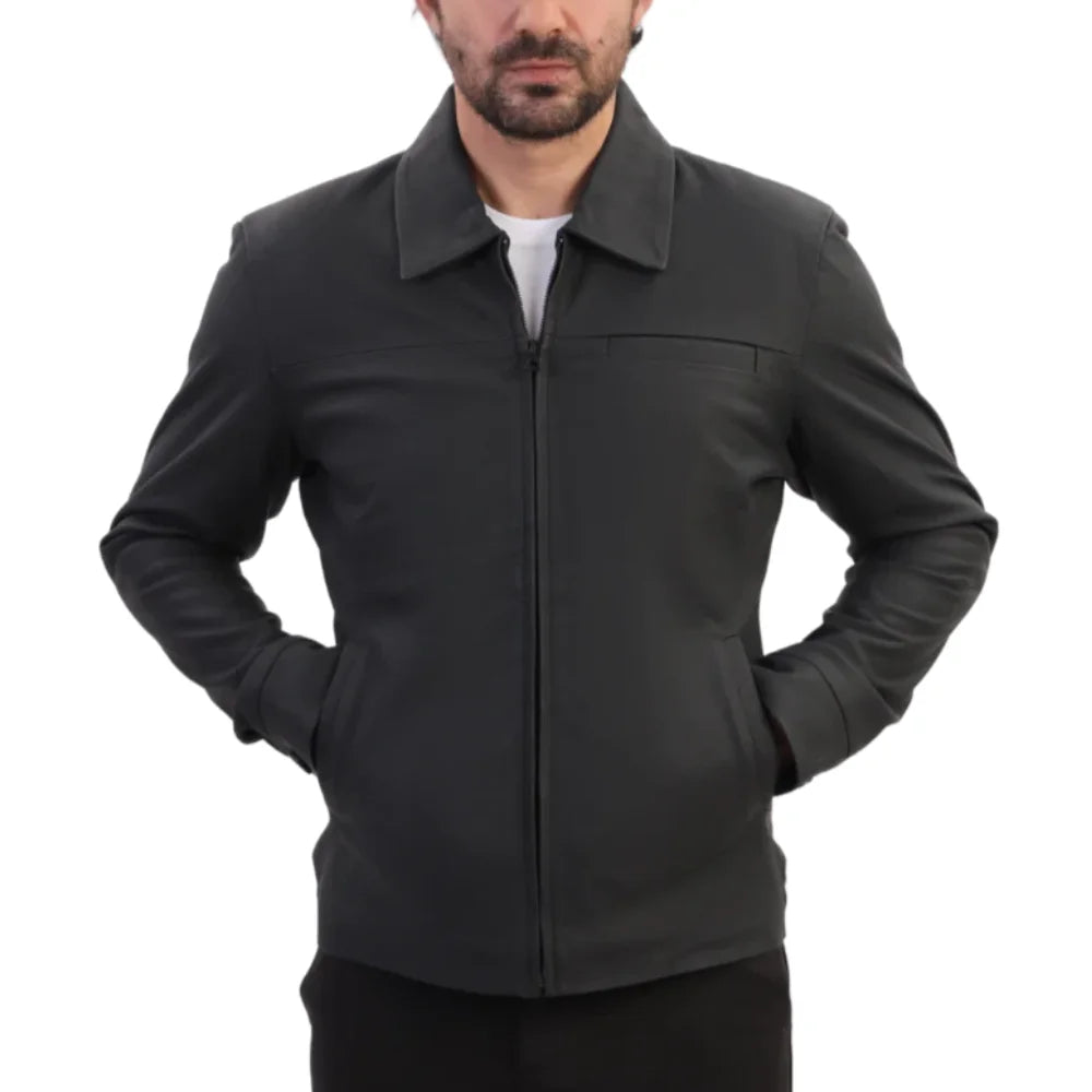 Zane matte black collared leather jacket