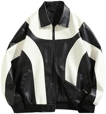 Men's Y2k PU Leather Jacket Color Block Motorcycle Coat Zip Up Long Sleeve Outerwear with Pockets Streetwear