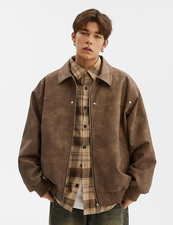 Men's Teen Faux Leather Zip Up Bomber Jacket 90S Vintage Biker Racing Moto Jackets Streetwear Coats