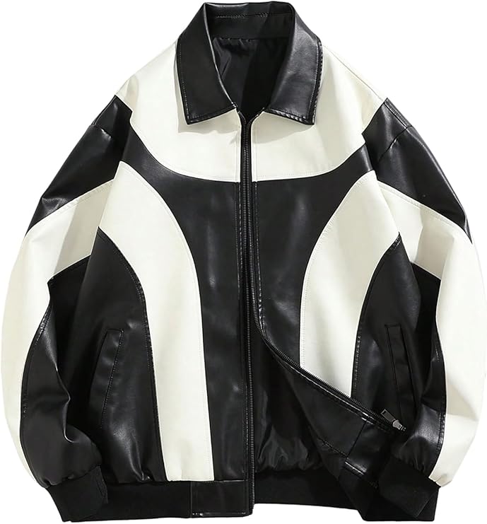 Men's Y2k PU Leather Jacket Color Block Motorcycle Coat Zip Up Long Sleeve Outerwear with Pockets Streetwear