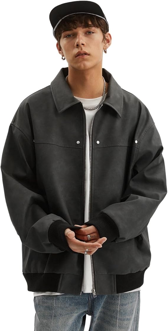 Men's Teen Faux Leather Zip Up Bomber Jacket 90S Vintage Biker Racing Moto Jackets Streetwear Coats