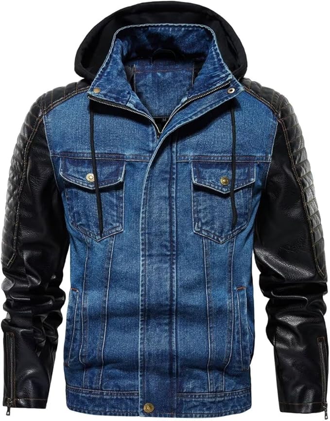 INVACHI Men's Denim Jacket Vintage Jean Trucker Jacket with Leather Patchwork Multiple Pockets