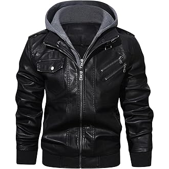 FANARCHER Men’s Faux Leather Jacket Fleece Padded Bomber Motorcycle Jacket with Hood