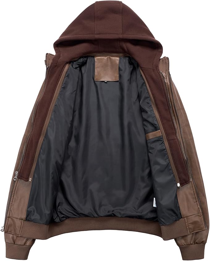 FTIMILD Men's Leather Jacket Motorcycle Jacket Windproof PU Vintage Bomber Jacket with Removable Hood