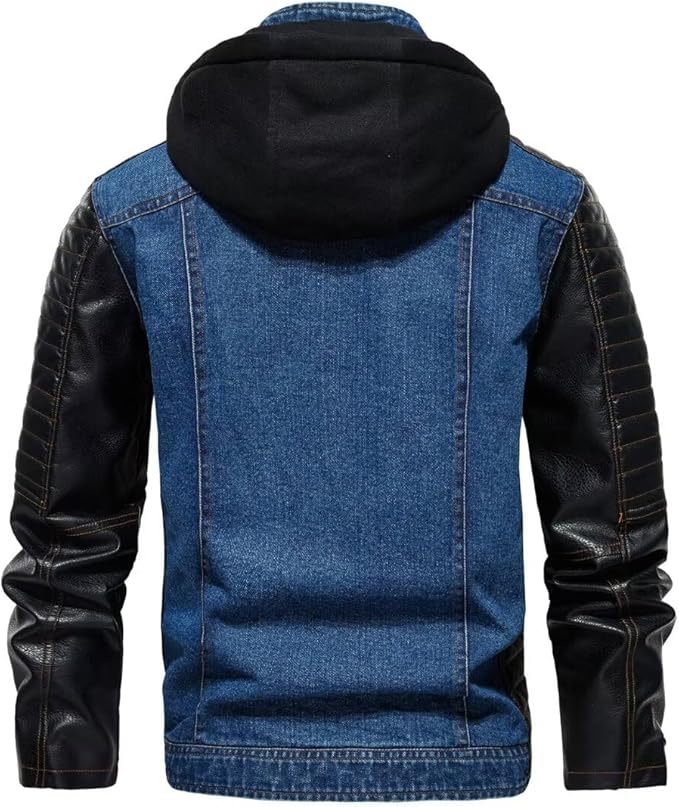 INVACHI Men's Denim Jacket Vintage Jean Trucker Jacket with Leather Patchwork Multiple Pockets