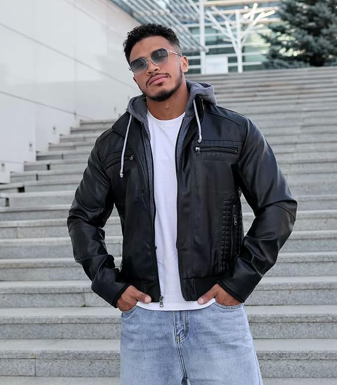 FTIMILD Men's Leather Jacket Motorcycle Jacket Windproof PU Vintage Bomber Jacket with Removable Hood