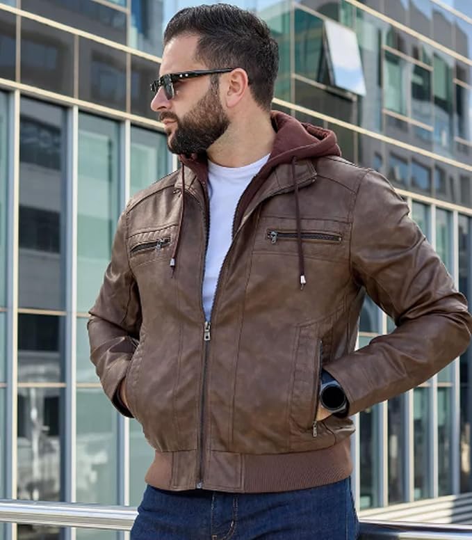 FTIMILD Men's Leather Jacket Motorcycle Jacket Windproof PU Vintage Bomber Jacket with Removable Hood