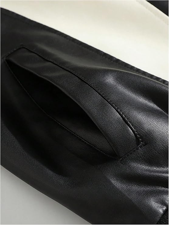 Men's Y2k PU Leather Jacket Color Block Motorcycle Coat Zip Up Long Sleeve Outerwear with Pockets Streetwear
