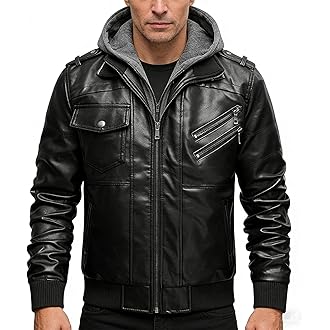 FANARCHER Men’s Faux Leather Jacket Fleece Padded Bomber Motorcycle Jacket with Hood