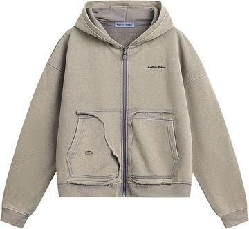 Aelfric Eden Acid Wash Zip Up Hoodie Distressed Boxy Sweatshirt with Raw Edge Pockets Vintage Streetwear Jacket