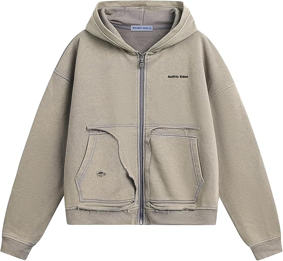Aelfric Eden Acid Wash Zip Up Hoodie Distressed Boxy Sweatshirt with Raw Edge Pockets Vintage Streetwear Jacket
