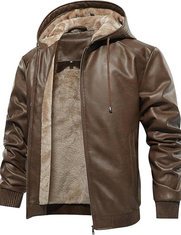 FANARCHER Men’s Faux Leather Jacket Fleece Padded Bomber Motorcycle Jacket with Hood