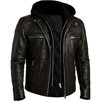 Mens Genuine Lambskin Leather Motorcycle Jacket with Removable Hood in Black Brown