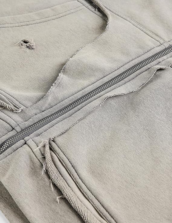 Aelfric Eden Acid Wash Zip Up Hoodie Distressed Boxy Sweatshirt with Raw Edge Pockets Vintage Streetwear Jacket