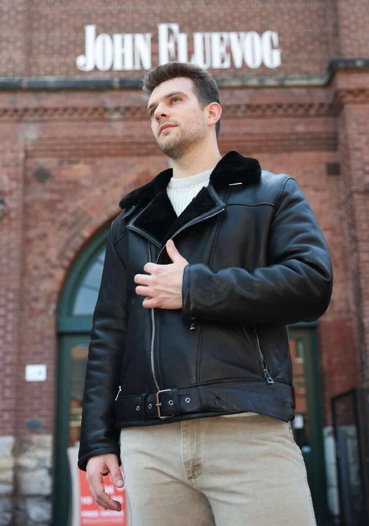 Black on Black Belted Shearling Leather Biker Jacket