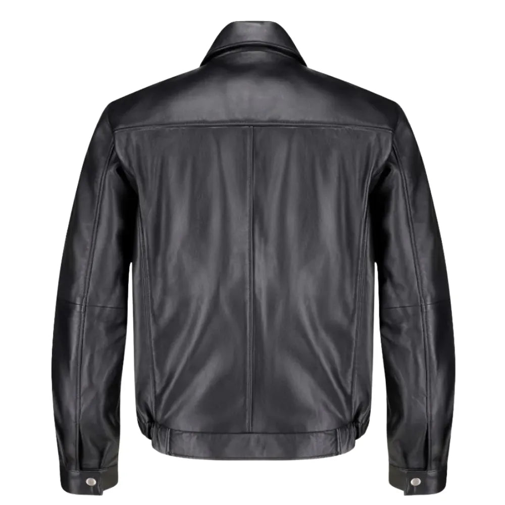 Bomber leather jacket with spread collars
