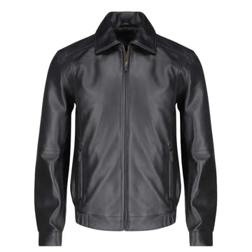 Bomber leather jacket with spread collars