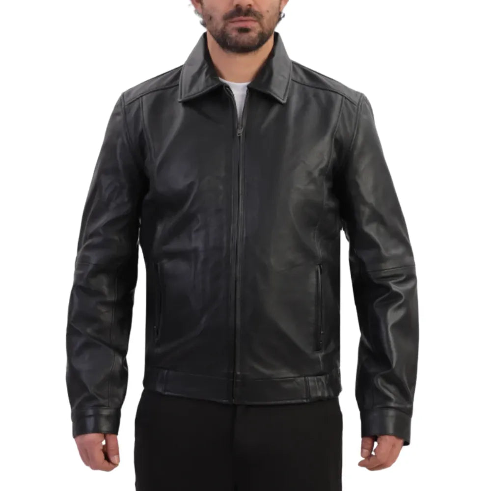 Bomber leather jacket with spread collars