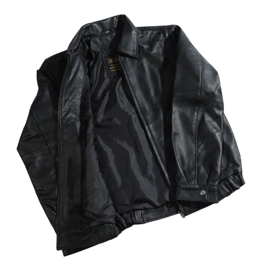 Bomber leather jacket with spread collars