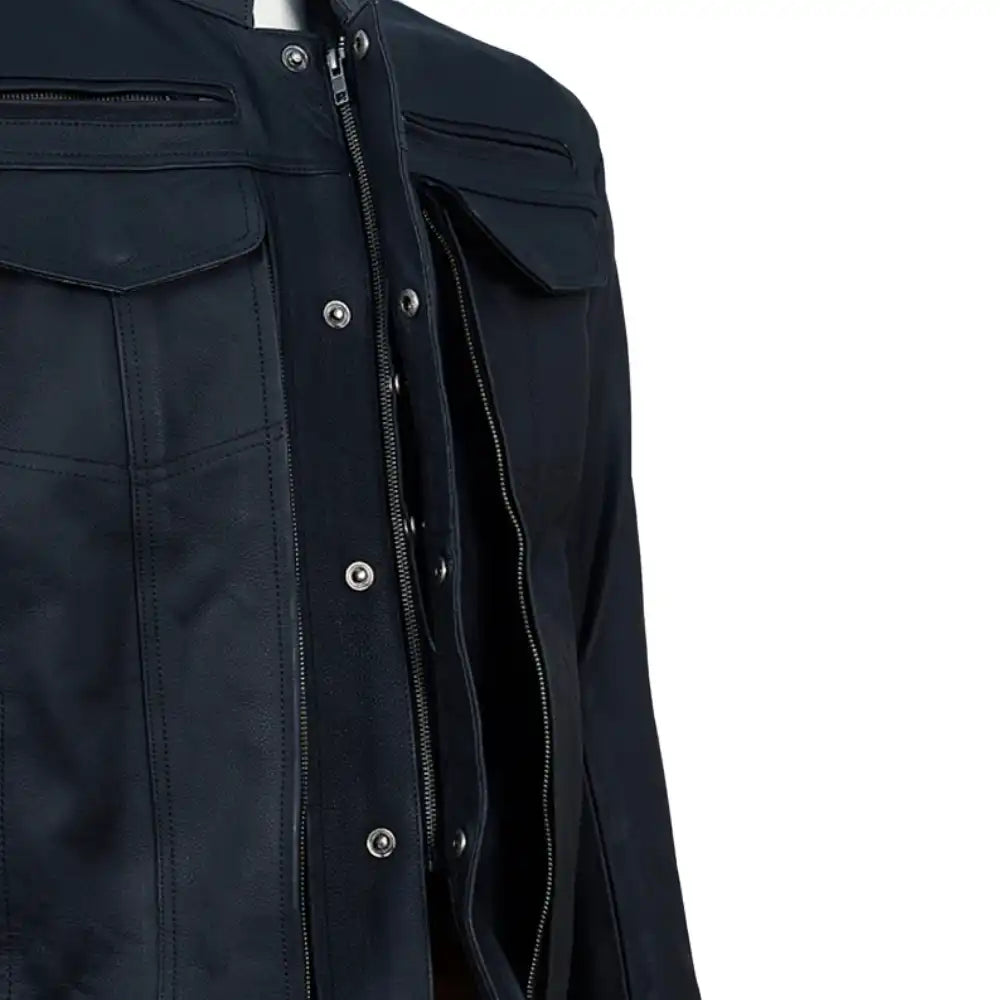 Storm Rider Matte Black Leather Trucker Motorcycle Jacket